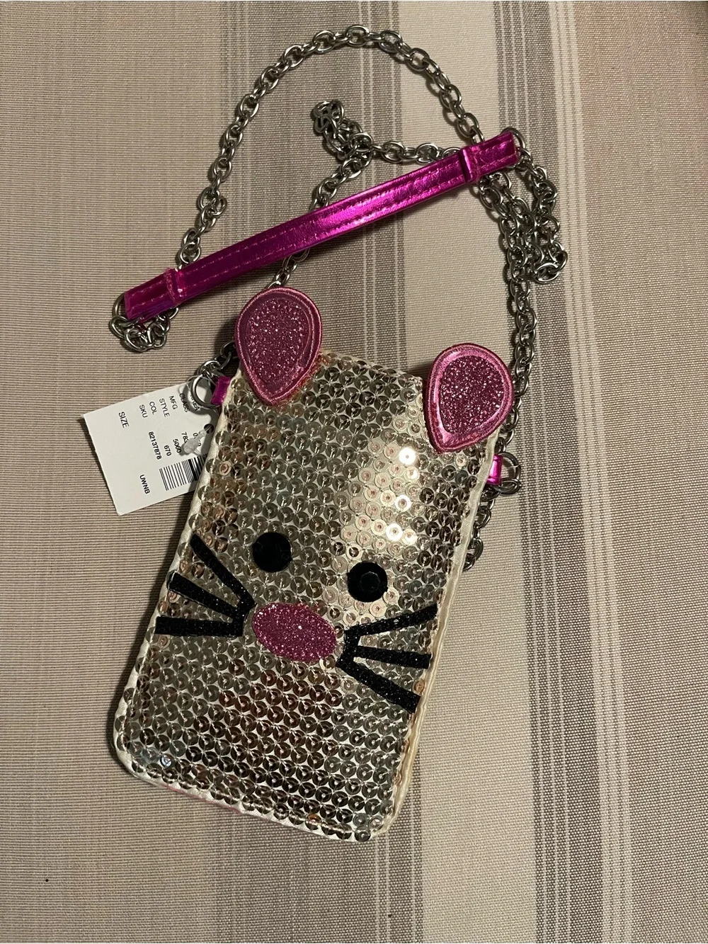 Justice Sequin Mouse Crossbody Bag - Silver with Pink Accents